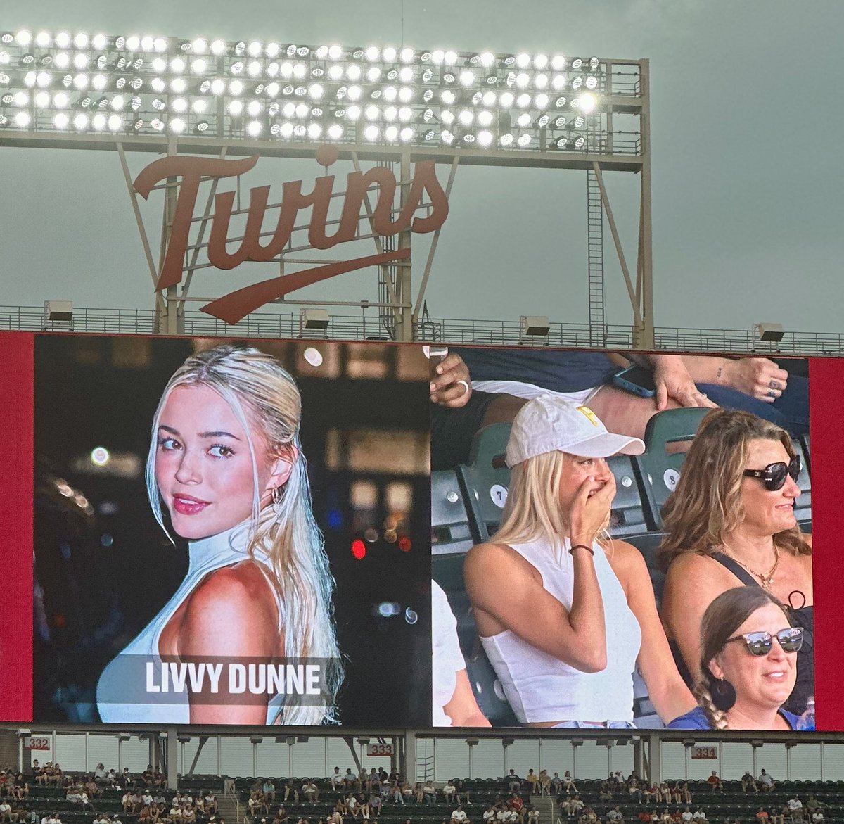 Livvy Dunne is at Target Field to watch boyfriend Paul Skenes, and got put on the scoreboard between innings as her own celebrity look-a-like.