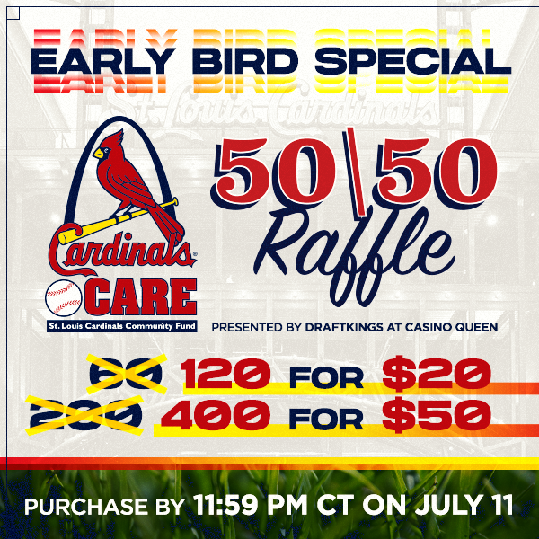 CardinalsCare's tweet image. It's time to get your Cardinals Care 50/50 Raffle tickets! Purchase before midnight tonight for more chances to win at cardinals.com/5050!