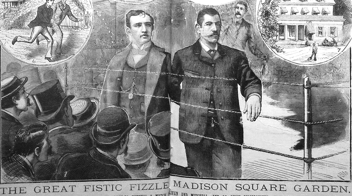 #OTD in <a href="/PoliceGazette/">Police Gazette</a> 1884: "The Great Fistic Fizzle at Madison Square Garden." John L Sullivan explains to the crowd he's too sick to box his opponent Charlie Mitchell. The Gazette reports the reason for Sullivan's illness is he drank "too much of Mumm's Extra Dry."