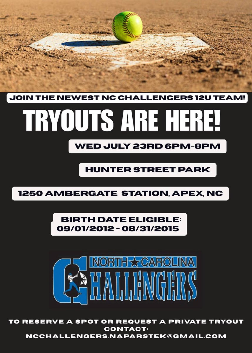 NC Challengers newest 12U squad is holding tryouts!