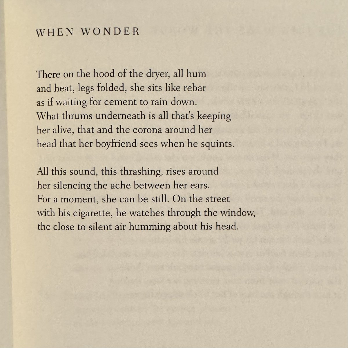 maureenthorson's tweet image. “All hum and heat, legs folded, she sits like rebar” A poem by Laura McCullough.