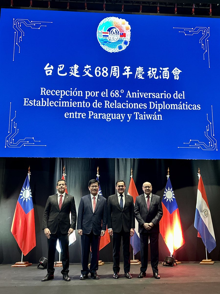 ¡Feliz 68.º aniversario de relaciones diplomáticas entre Paraguay y Taiwán! Nuestros países han trabajado juntos en áreas como seguridad, salud y educación. Ahora queremos aprovechar la abundante energía sostenible de Paraguay para impulsar su desarrollo tecnológico 🇵🇾🇹🇼💪🏻