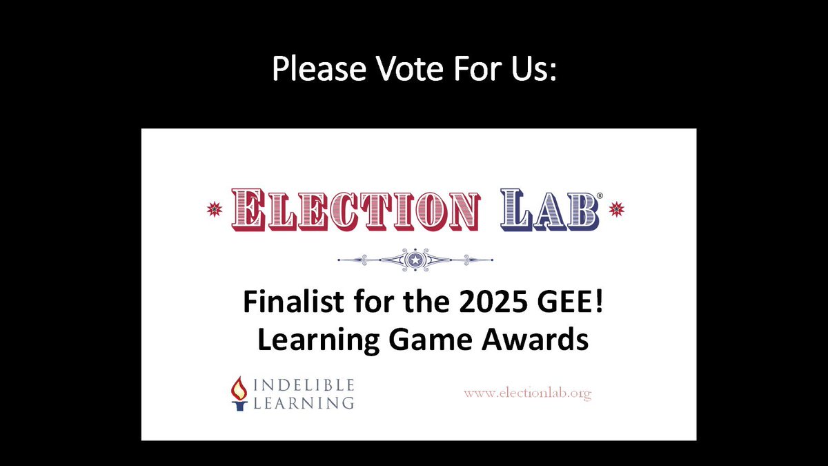 Good Sunday Morning! 🌤️

Election Lab Game Named Finalist for Prestigious 2025 GEE! Awards – Now It Needs Your Vote.

Read more ⬇️

indeliblelearning.com/index.php/2025…

#SundayThoughts #SundayVibes #SSchat #APUSH #USHistory #History #Elections #ELO #Voting #Civics #CivicLearning #CivicHealth