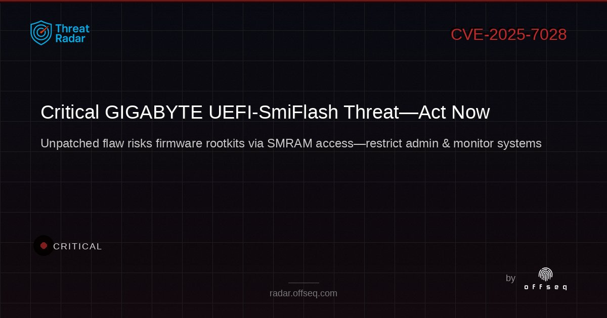 offseq's tweet image. 🚨 CRITICAL flaw in GIGABYTE UEFI-SmiFlash v1.0.0 lets local attackers access SMRAM! No patch yet—firmware at risk. 🛡️ Restrict admin access &amp;amp; monitor closely. #OffSeq #FirmwareSecurity radar.offseq.com/threat/cve-202…