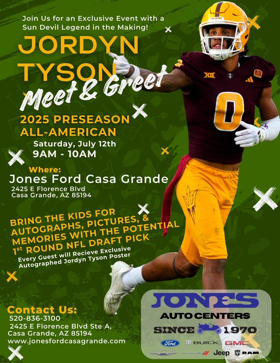 Pretty cool opportunity to take your kids tomorrow morning to get a photo with Jordyn Tyson and get his autograph at Jones Ford Casa Grande at their new indoor, air-conditioned auto mall.

I’m also going to be there so stop by if you want to talk some ASU football.