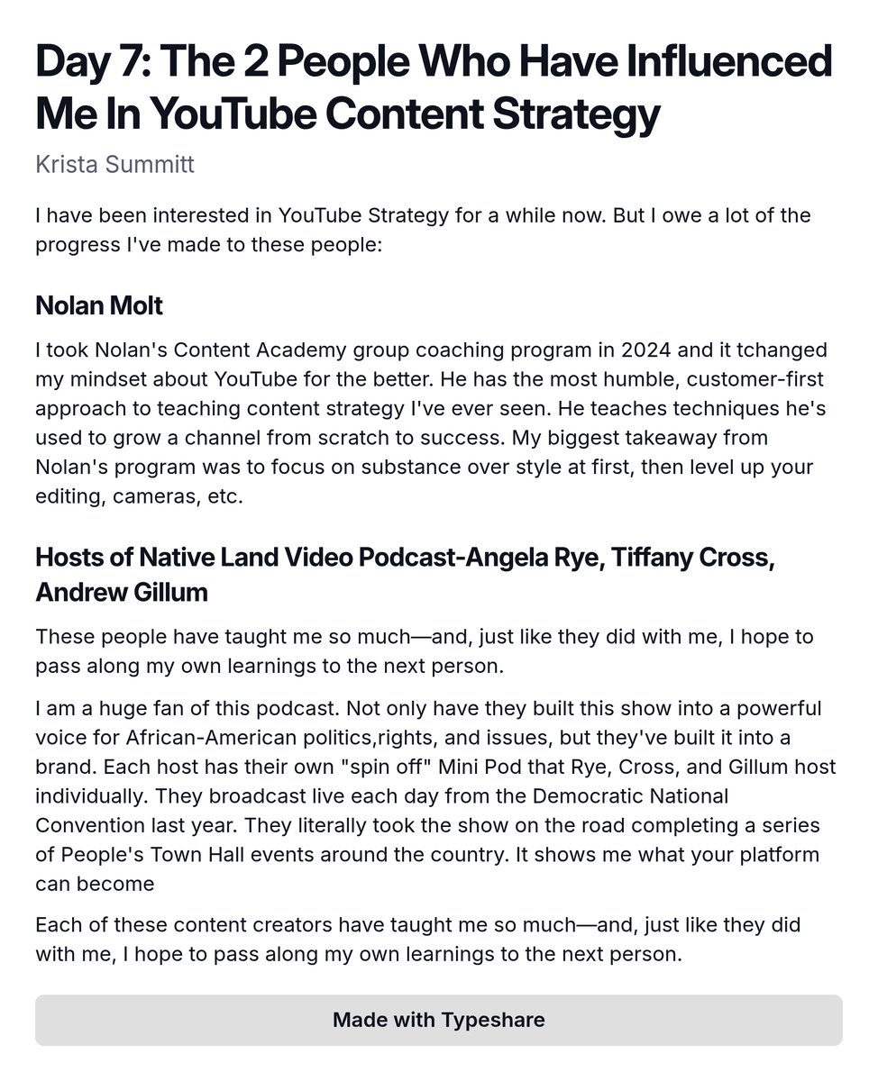 Day 7: The 2 People Who Have Influenced Me In YouTube Content Strategy

#ship303for30 <a href="/nolanmolt/">Nolan Molt</a> <a href="/angelarye/">Angela Rye</a> @tiffanycross @andrewgillum <a href="/nativelandpod/">Native Land Pod</a>
#nativelandpod