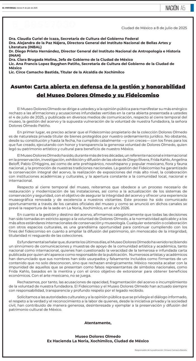 Ximena Apisdorf Soto (ella) (@ximenaapisdorf) on Twitter photo Después de protestas por el cierre del Museo Dolores Olmedo, el fideicomiso respondió con una carta sin firma, tono defensivo y acusaciones de falsificación y extorsión.
No hubo propuestas, ni explicaciones claras.
¿Qué pasará con el legado de Dolores Olmedo? <a href="/asilascosasWPM/">Así Las Cosas PM</a> Después de protestas por el cierre del Museo Dolores Olmedo, el fideicomiso respondió con una carta sin firma, tono defensivo y acusaciones de falsificación y extorsión.
No hubo propuestas, ni explicaciones claras.
¿Qué pasará con el legado de Dolores Olmedo? <a href="/asilascosasWPM/">Así Las Cosas PM</a>