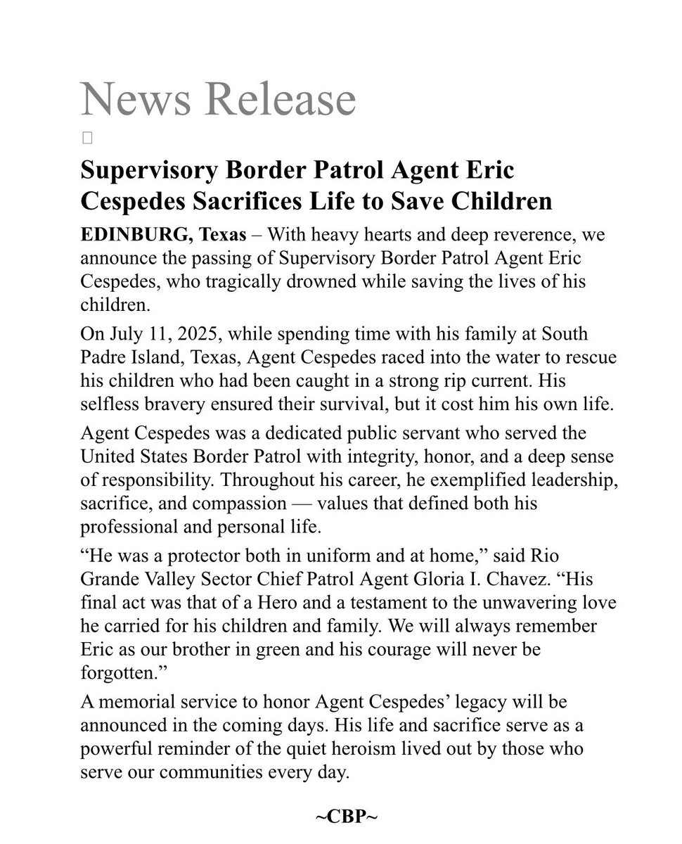 ValOnTheBorder's tweet image. Some tragic news: a supervisory Border Patrol agent from the Rio Grande Sector, Eric Cespedes, drowned saving his children from a rip current at SPI.
