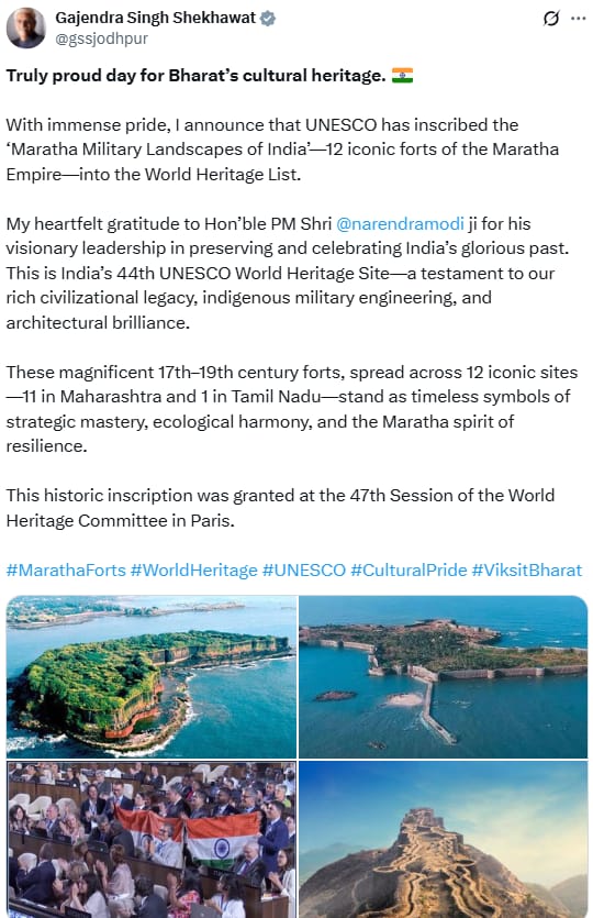 Upendrra Rai (@upendrrarai) on Twitter photo Union Minister <a href="/gssjodhpur/">Gajendra Singh Shekhawat</a> posts, "Truly proud day for Bharatās cultural heritage. š®š³ With immense pride, I announce that #UNESCO has inscribed the āMaratha Military Landscapes of Indiaāā12 iconic forts of the #MarathaEmpireāinto the #WorldHeritageList. My heartfelt gratitude to Union Minister <a href="/gssjodhpur/">Gajendra Singh Shekhawat</a> posts, "Truly proud day for Bharatās cultural heritage. š®š³ With immense pride, I announce that #UNESCO has inscribed the āMaratha Military Landscapes of Indiaāā12 iconic forts of the #MarathaEmpireāinto the #WorldHeritageList. My heartfelt gratitude to