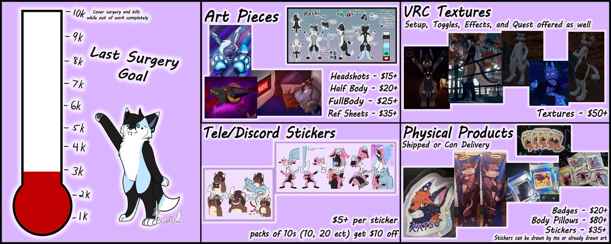 I am still open for all types of commissions to help with goal trying to hit half way before surgery date in September! 

From stickers to art pieces to VRC textures and physical products!

If interested in anything feel free to dm me

#furry #furryart #furryartist