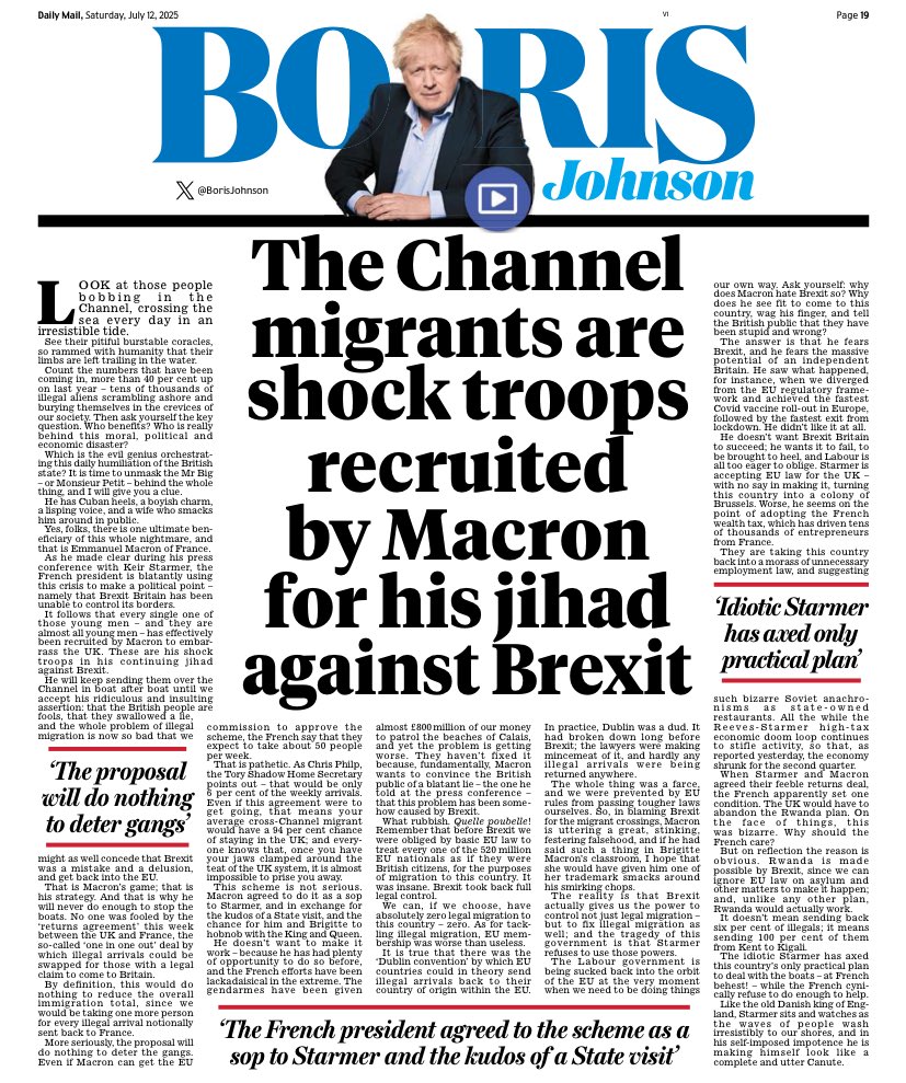 Unhinged. This man routed the Tory party and continues to do damage.  A wise leader would’ve kicked him and Truss out and drawn a line. The fact that his godawful hard Brexit caused immigration legal &amp; illegal to soar is almost by the by. Shameless.