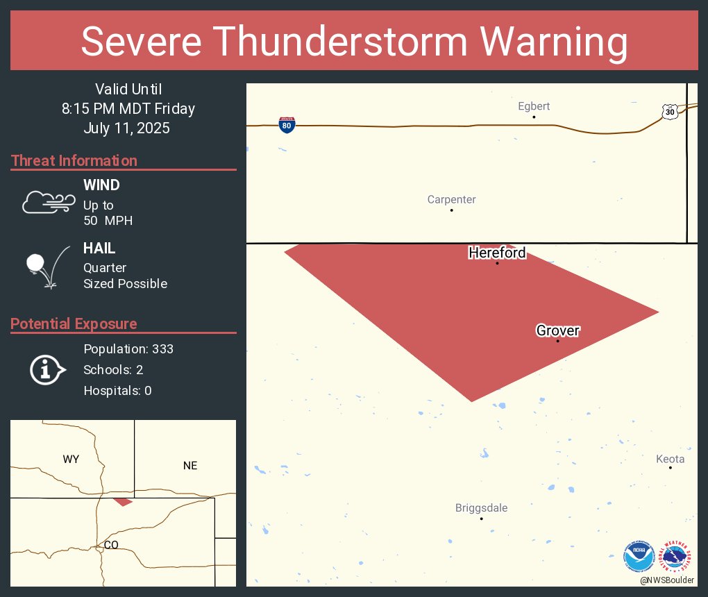 Severe Thunderstorm Warning including Grover CO and  Hereford CO until 8:15 PM MDT