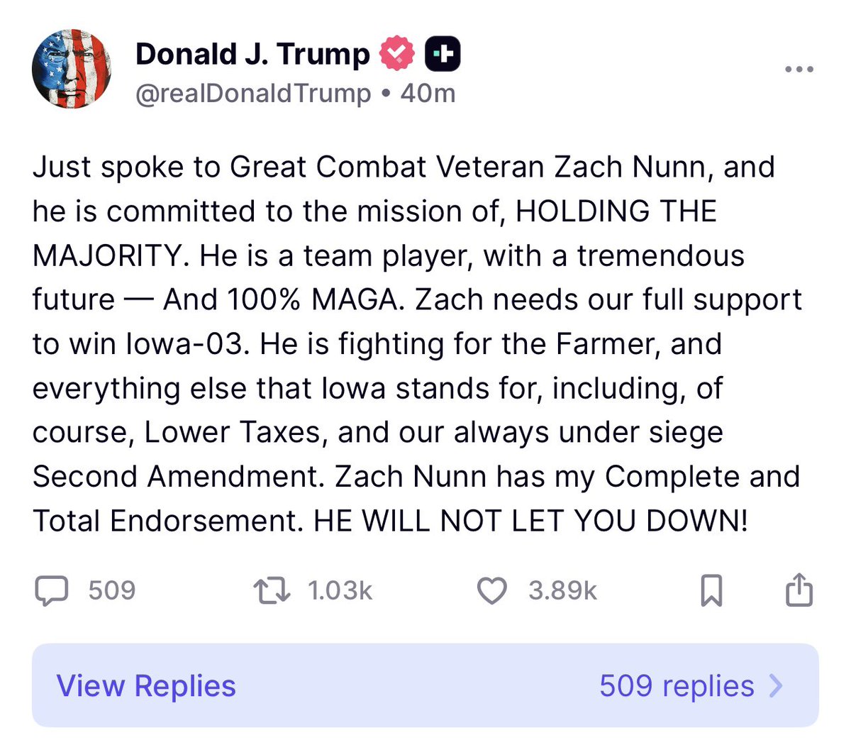 The <a href="/DMRegister/">Des Moines Register</a> is WRONG AGAIN! Shocker! <a href="/POTUS/">President Donald J. Trump</a> gives <a href="/ZachNunn/">Congressman Zach Nunn</a> his full endorsement to hold Iowa’s Third District.