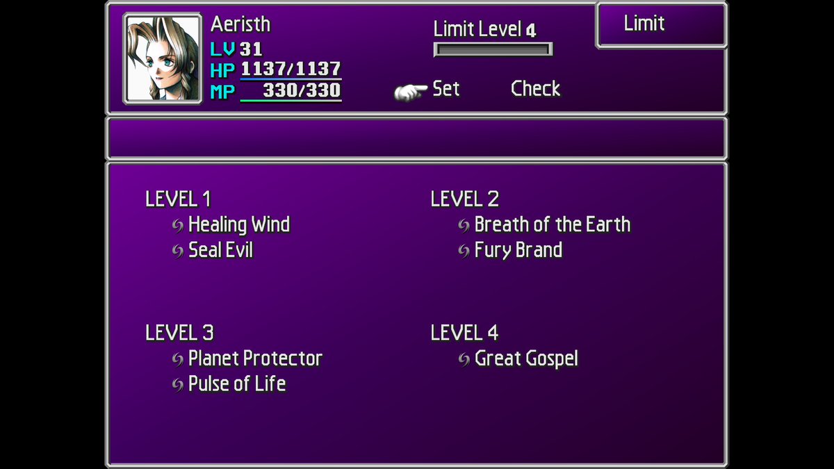 Doing a first time playthrough of FF7 blind with my friend and he just made me grind to get all of Aerith's limit breaks, saying that we had to get them immediately. 

It's cool and all, but I feel an HP/MP full heal that makes the party invincible is overpowered AF.