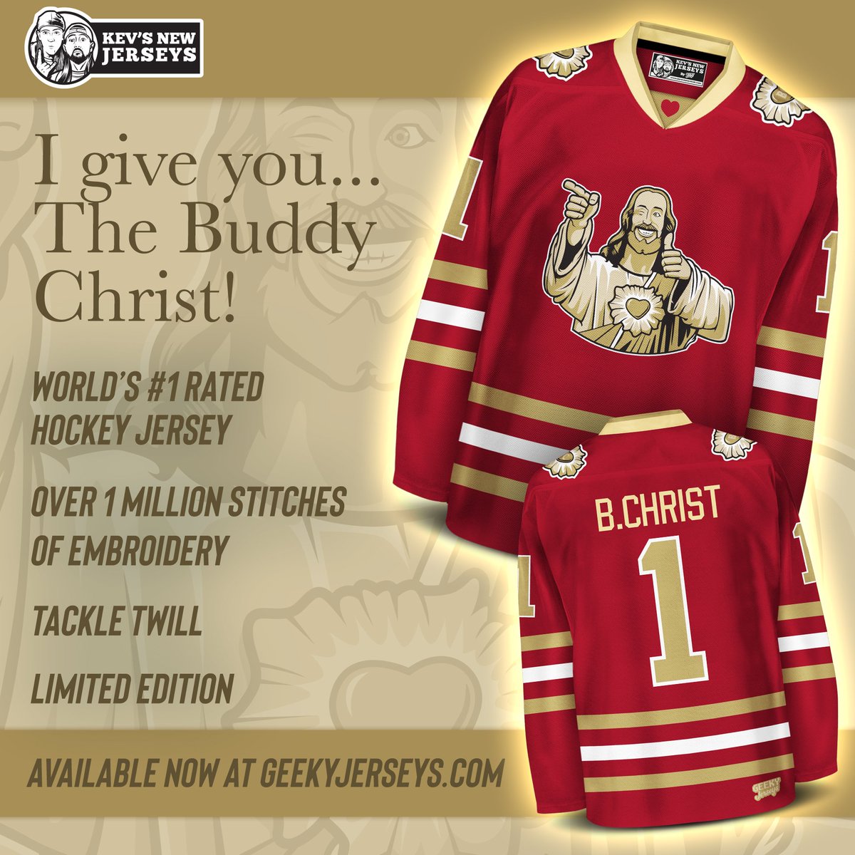 I give you... The Buddy... GOLD!
New special edition #kevinsmith #dogma jersey now available 👍
#buddychrist #dogmamovie #viewaskew #viewaskewniverse #georgecarlin #hockeyjersey #hockeyjerseys