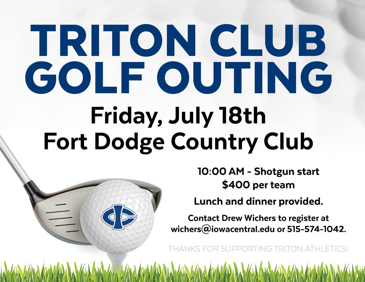 ICTritons's tweet image. There is still time to join us for next week's Triton Club Golf Outing! Enjoy a day at the beautiful Fort Dodge Country Club while supporting Triton Athletics! Four-person best shot - $400 per team - lunch/dinner provided! 🔱 #TritonNation #TritonsStandTall #TritonExperience