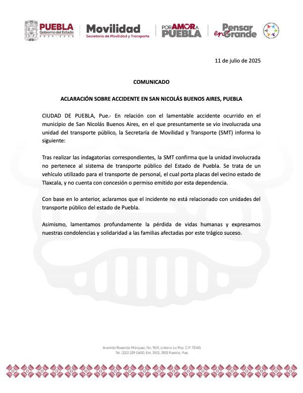 ArrobaNoticias (@arrobanoticias) on Twitter photo La unidad accidentada en San Nicolás Buenos Aires en trágico accid3nt3 no es de transporte público de Puebla
Corresponde a una unidad de transporte de personal del estado Tlaxcala, informó <a href="/MTGobPue/">Secretaría de Movilidad y Transporte</a> La unidad accidentada en San Nicolás Buenos Aires en trágico accid3nt3 no es de transporte público de Puebla
Corresponde a una unidad de transporte de personal del estado Tlaxcala, informó <a href="/MTGobPue/">Secretaría de Movilidad y Transporte</a>