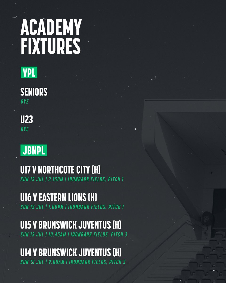 Academy fixtures 🙌

The JBNPL sides play on Sunday at home, whilst our VPL Men both have a bye 💚