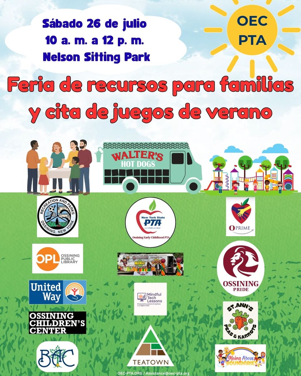 oecpta (@oec_pta) on Twitter photo Event Alert!
Saturday, July 26th 10:00A β 12:00P
Before and After Schools, School Resources, Local Groups and Organizations, Food Truck, and more!
Summer Playdate & Family Resource Fair
Nelson Sitting Park, Ossining
<a href="/OssiningSchools/">Ossining UFSD</a> <a href="/OssiningChamber/">Ossining Chamber</a> Event Alert!
Saturday, July 26th 10:00A β 12:00P
Before and After Schools, School Resources, Local Groups and Organizations, Food Truck, and more!
Summer Playdate & Family Resource Fair
Nelson Sitting Park, Ossining
<a href="/OssiningSchools/">Ossining UFSD</a> <a href="/OssiningChamber/">Ossining Chamber</a>