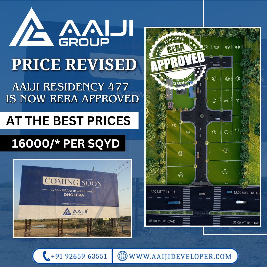 Aaijiinfraspace's tweet photo. Price Revised Alert🚨🔔🔔
AAIJI RESIDENCY 477 RERA Registered Project In ##DholeraSIR.🤩🏠🏙🛣
• 250 MT Expressway
• On 55 MT Road
• 1 Min From ABCD Building
Premium #ResidentialPlot@ Prime Location@ #Dholera💥
Call:-92659 63551.
Visit Our Website: https://t.co/ZhqaZIxLIb https://t.co/wsmqug5ujO