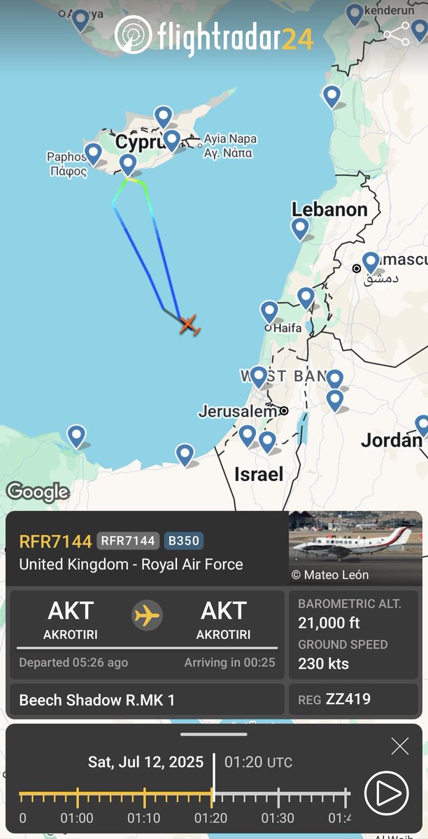 genocidefree_cy's tweet image. 🚨Did a UK Shadow R1 plane also fly over the occupied West Bank during its mission?
While it circled yesterday over Gaza, 'Israel' continued its slaughter of Palestinians, including children.
The direction back to Cyprus indicates it may have even passed by the West Bank.