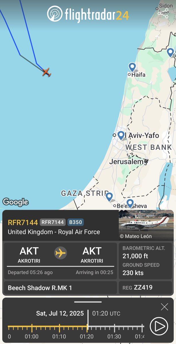 genocidefree_cy's tweet image. 🚨Did a UK Shadow R1 plane also fly over the occupied West Bank during its mission?
While it circled yesterday over Gaza, 'Israel' continued its slaughter of Palestinians, including children.
The direction back to Cyprus indicates it may have even passed by the West Bank.