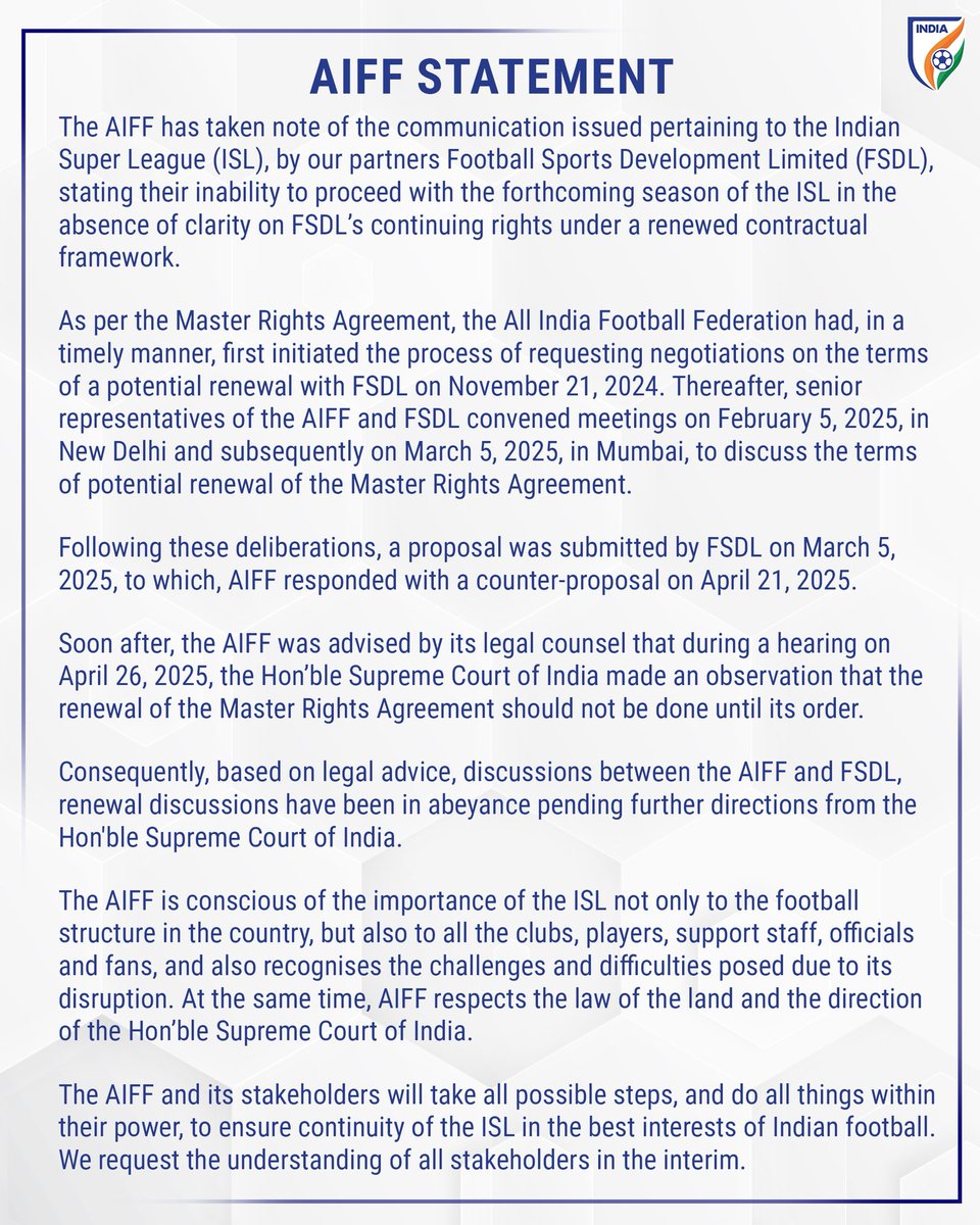 Mohun Bagan Hub (@mohunbaganhub) on Twitter photo โ๐ก๐๐ช : AIFF Statement on renewal of MRA with FSDL and continuity of ISL <a href="/IndianFootball/">Indian Football Team</a> โ๐ก๐๐ช : AIFF Statement on renewal of MRA with FSDL and continuity of ISL <a href="/IndianFootball/">Indian Football Team</a>