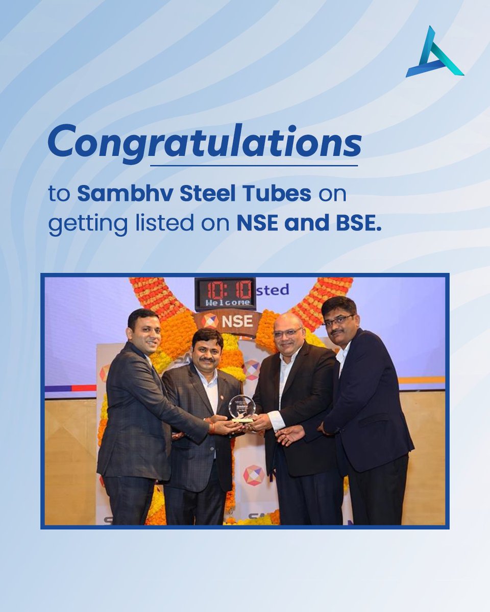 Congratulations to <a href="/Sambhv_Steel/">Sambhv Steel Tubes</a> on a successful listing on <a href="/BSEIndia/">BSE India</a> and <a href="/NSEIndia/">NSE India</a>. With an issue size of ₹540 crores, the IPO witnessed a phenomenal response from investors, being oversubscribed 28.46 times. Mr. Satheesh HK and Mr. Ajay Rao represented KFintech at the listing