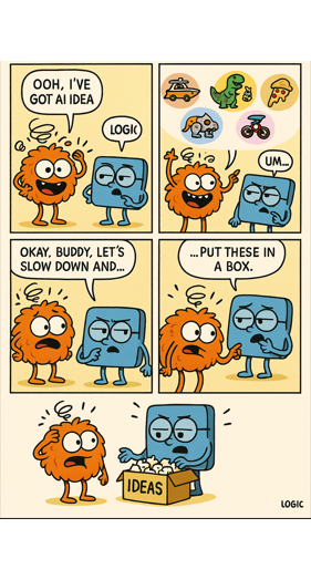 KoGikX's tweet photo. When Chaos meets Logic...
Ideas happen.
Some are wild, some make no sense — and some just need a box.
Because at KoGik, we don’t fear the mess.
We organize it.
#KoGik #LogicVsChaos #ComicWisdom #AIHumor #MindEssentials https://t.co/gOrD7D6vq7