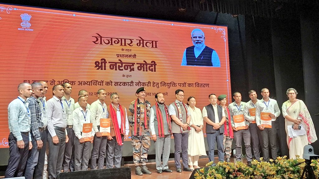 Joined Hon'ble Union Minister Shri <a href="/KirenRijiju/">Kiren Rijiju</a> Ji at the Rozgar Mela in Dimapur today, a significant initiative to empower youth with employment opportunities. The event was graced virtually by Hon'ble PM Shri <a href="/NarendraModi/">Narendra Modi</a> Ji during which he distributed more than 51,000
