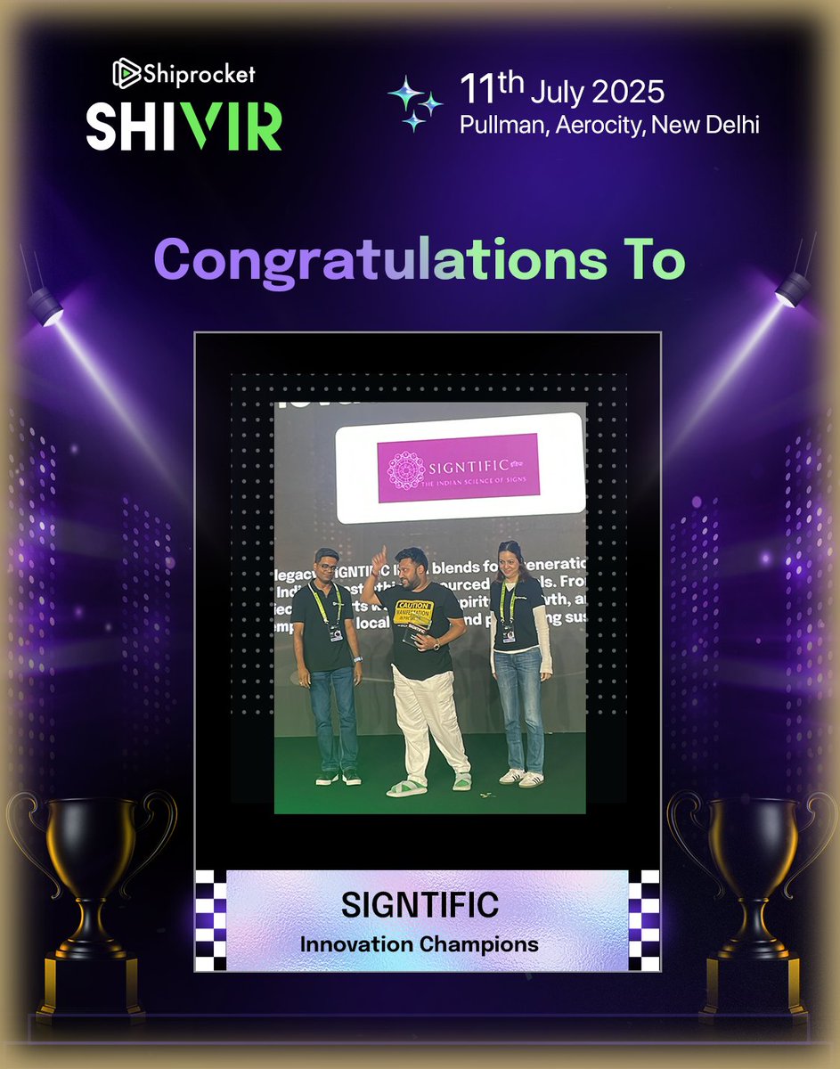 Congratulations to our Innovation Champions 🏆!

SIGNTIFIC, Suroskie and Swashaa have been recognised as this year’s Innovation Champions for bringing fresh thinking to deeply loved categories.

#AICommerce #MadeForBharat #ShiprocketSHIVIR #ShiprocketSHIVIR2025 #eCommerceEvent