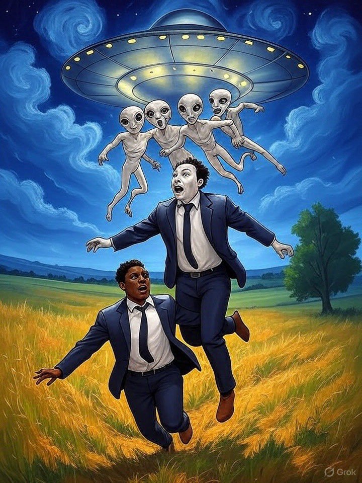 Asked Grok to draw us being abducted. Wow, Kev is some kinda white.
