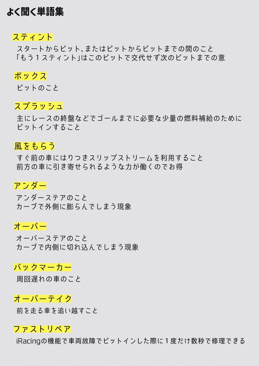 耐久レースちょっとだけわかった気になれるまとめ🏎️🏁
とりいそぎ画面の見方だけ改訂版です📝