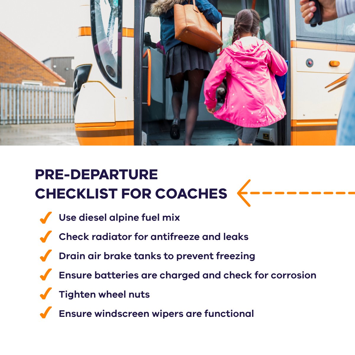 Before departing for hazardous areas, ensure your coach is equipped and prepared.

Read more on driving in alpine conditions: go.vic.gov.au/4ltnCdn