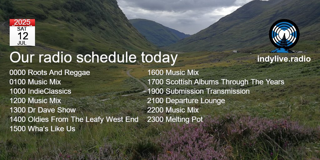 INDY LIVE RADIO - a new voice for a new Scotland
Today's schedule, Sat 12 Jul 2025
Full schedule indylive.radio/radioschedule
Listen on indylive.radio
iOS: apps.apple.com/us/app/indy-li…
Android: play.google.com/store/apps/det…
or say 'ALEXA, play Independence Live Radio Scotland'
