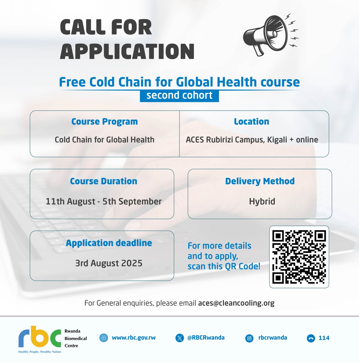 🚨 CALL FOR  APPLICATIONS🚨

📦The second cohort of Cold Chain for Global Health course

❄️Up to 50% of vaccines are wasted due to broken cold chains. Let us change that.

⚠️Are you a professional in public health,  immunisation, laboratory,  and nutrition?

📌Join this FREE