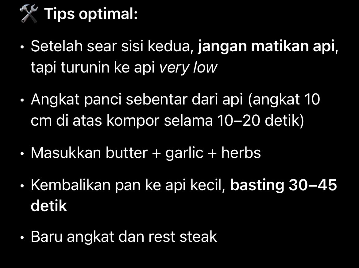 alltheguddtim's tweet photo. my exprience of steak

1.Semakin lebar / panjang steaknya semakin butuh butter buat basting karena biar semuanya kenaa , mungkin juga jangan terlalu panas biar ga langsung nguap butterya

2. sear fat cap untuk sirloin kalo ga nanti alot di lemak empuk di daging

3. ( gambar ) https://t.co/eXCAaGXhPS
