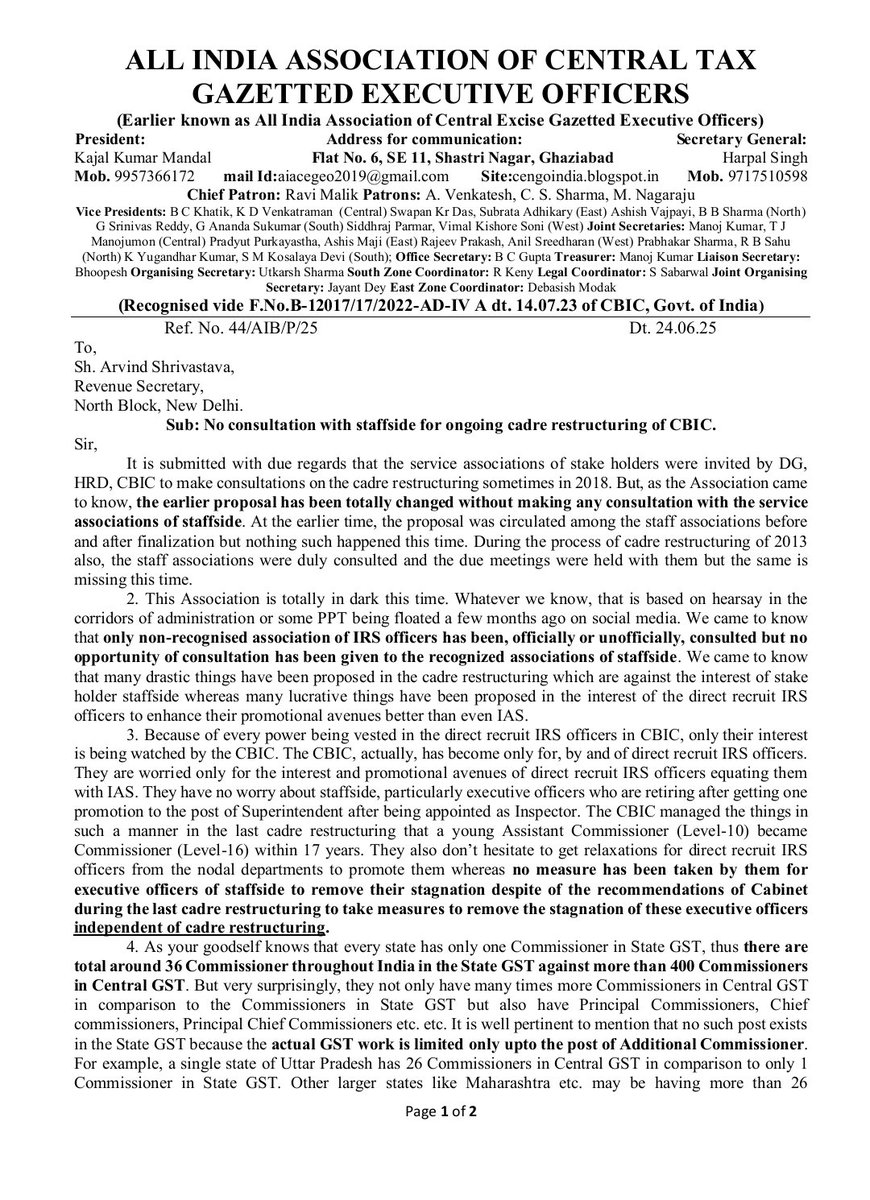 aiactgeo's tweet photo. @FinMinIndia @cbic_india Letter for cadre restructuring in CBIC!!!! https://t.co/c20dUjRyNs