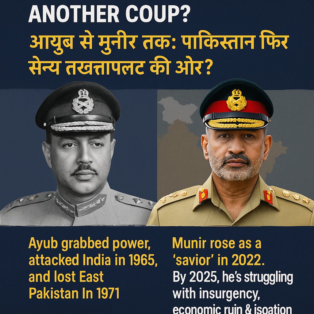 “Is Pakistan Moved Toward Another Coup?”
"आयूब से मुनीर तक: पाकिस्तान फिर सैन्य तख्तापलट की ओर?"
1. 🇵🇰
From Ayub Khan to Asim Munir — history is repeating.
Ayub grabbed power, attacked India in 1965, and lost East Pakistan in 1971.
Munir rose as a “savior” in 2022. By 2025, he's