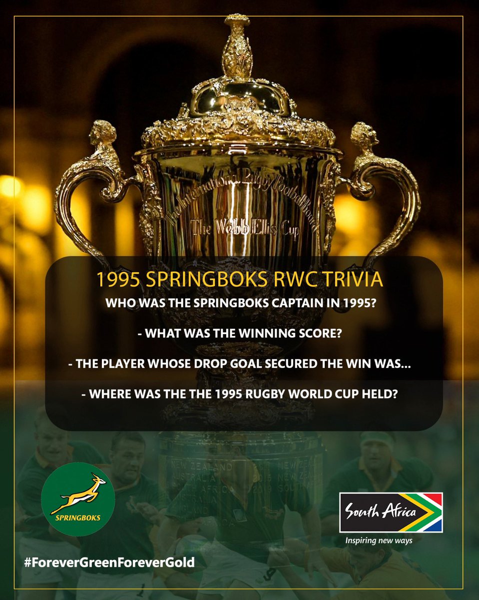 @Brand_SA (@brand_sa) on Twitter photo Calling all @<a href="/Springboks/">Springboks</a> fans! 🏉 How much do you remember about the 1995 Rugby World Cup? 😀🇿🇦
Ahead of today’s match against Italy in Gqeberha, take a moment to test your general knowledge and challenge your squad too!
#ForeverGreenForeverGold Calling all @<a href="/Springboks/">Springboks</a> fans! 🏉 How much do you remember about the 1995 Rugby World Cup? 😀🇿🇦
Ahead of today’s match against Italy in Gqeberha, take a moment to test your general knowledge and challenge your squad too!
#ForeverGreenForeverGold
