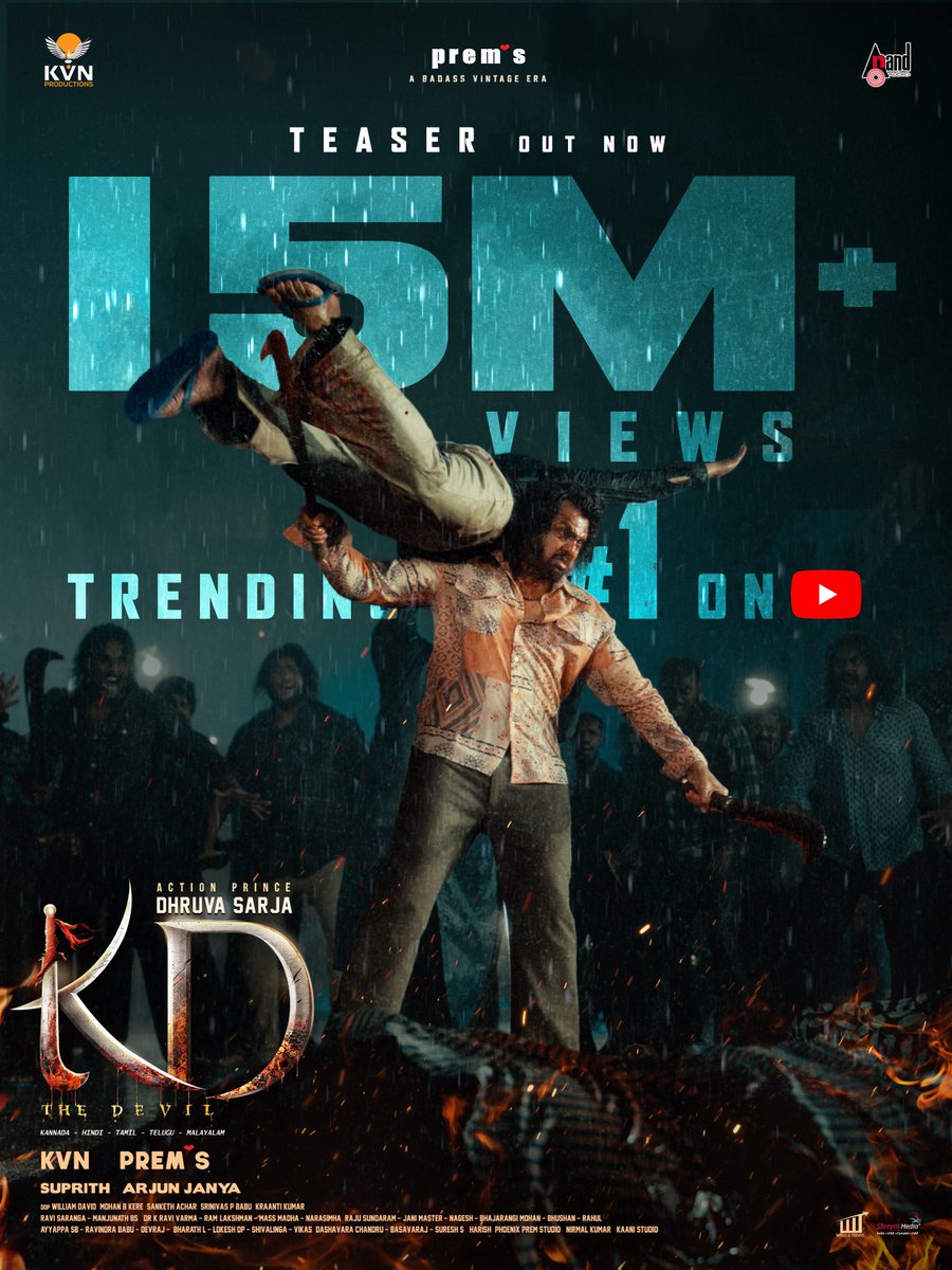 KvnProductions's tweet image. The fiery hunt of #KDTheDevil is leaving every corner AWESTRUCK and BLAZING ❤️🔥
#KDTeaser hits 15 MILLION+ VIEWS and TRENDING #1 on YouTube 🔥
▶️ youtube.com/live/mdNHyLwKu…
#KD @DhruvaSarja @directorprems @duttsanjay @Ramesh_aravind #VRavichandran @TheShilpaShetty #NoraFatehi…