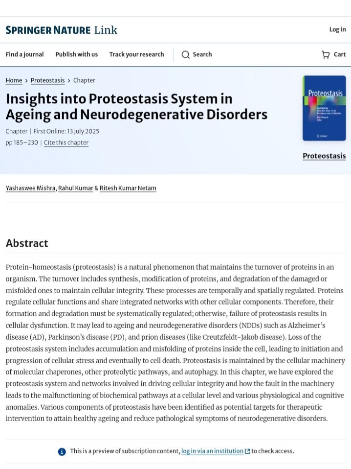 profrahulk's tweet image. Our new publication! An extensive literature review in the form of a book chapter titled &quot;Insights into the Proteostasis System in Ageing and Neurodegenerative Disorders&quot; has been published today as part of @SpringerNature volume on &quot;Proteostasis.&quot;

link.springer.com/chapter/10.100…