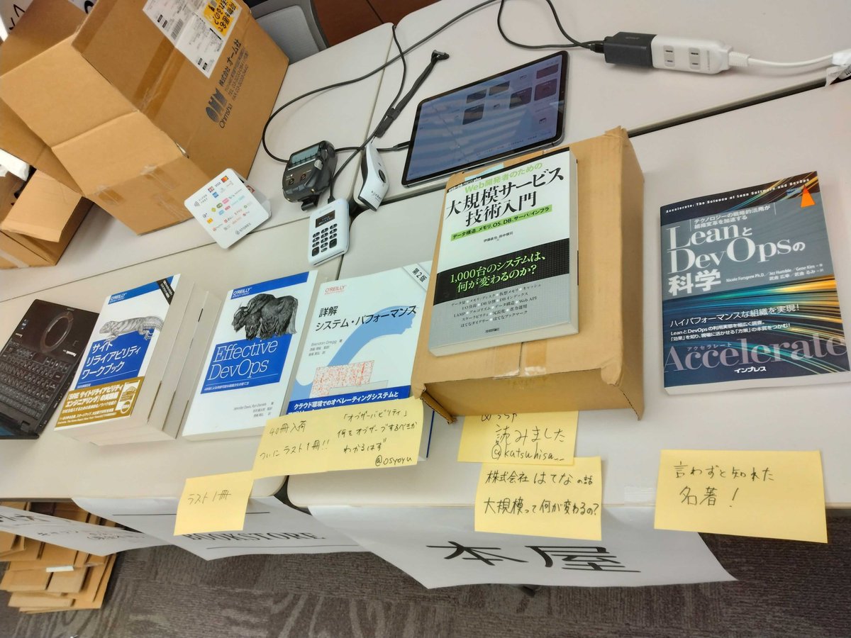 srenext's tweet image. モニタリングツール体験パークと同じ部屋で開店中の本屋、書籍残り僅かです!
SRE関連のお得に買えるチャンスです。欲しい本がありましたらお早めにお越しください!
#srenext