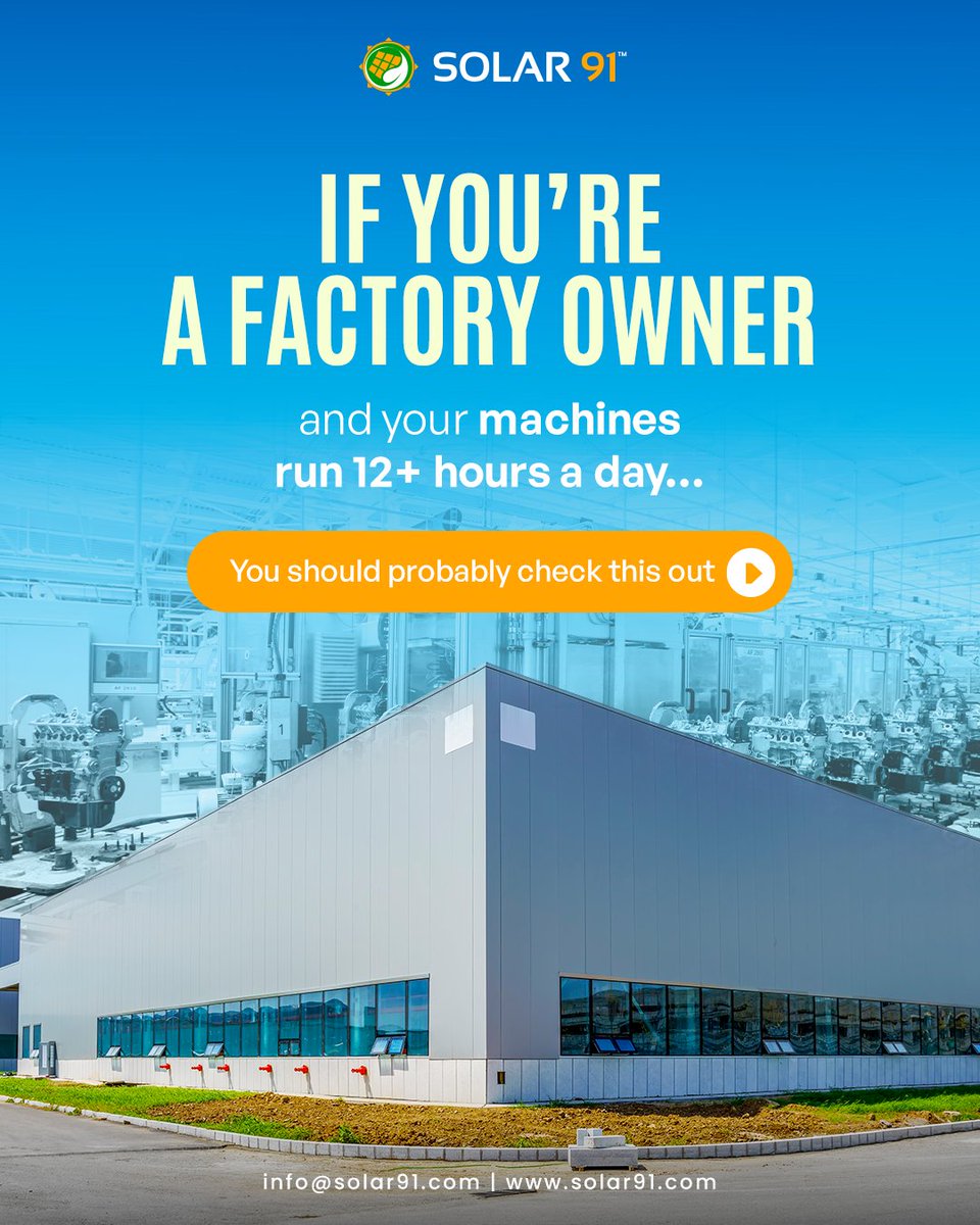Solar91india's tweet image. Solar energy lets factory owners cut power costs by 60–70% without sacrificing uptime. Diesel and grid bills are rising, but solar locks your rate and fuels your business for decades.

Enquire today: +91 88901 22722 | +91 72208 10810

#Indianindustry #solarsavings #solar91