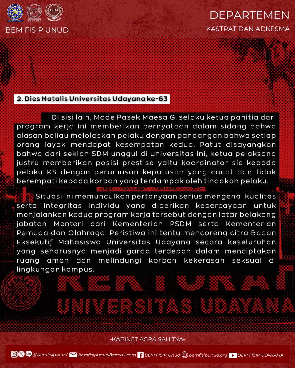 BEMFISIPUNUD's tweet photo. [PERNYATAAN SIKAP FAKULTAS ILMU SOSIAL DAN ILMU POLITIK]

Halo Insan Maroon!
Kekerasan seksual di Universitas Udayana menjadi masalah serius yang tidak bisa diabaikan begitu saja. https://t.co/IqTA2LbUSJ