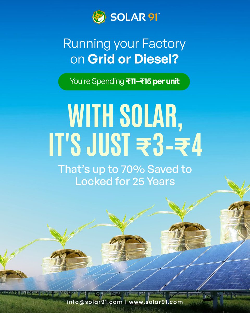 Solar91india's tweet image. Solar energy lets factory owners cut power costs by 60–70% without sacrificing uptime. Diesel and grid bills are rising, but solar locks your rate and fuels your business for decades.

Enquire today: +91 88901 22722 | +91 72208 10810

#Indianindustry #solarsavings #solar91
