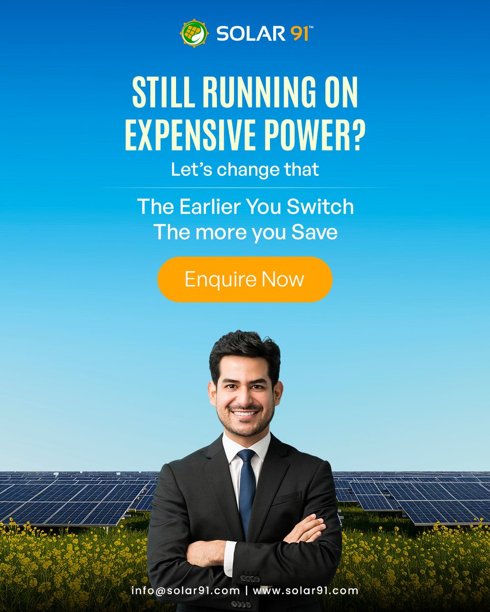 Solar91india's tweet image. Solar energy lets factory owners cut power costs by 60–70% without sacrificing uptime. Diesel and grid bills are rising, but solar locks your rate and fuels your business for decades.

Enquire today: +91 88901 22722 | +91 72208 10810

#Indianindustry #solarsavings #solar91