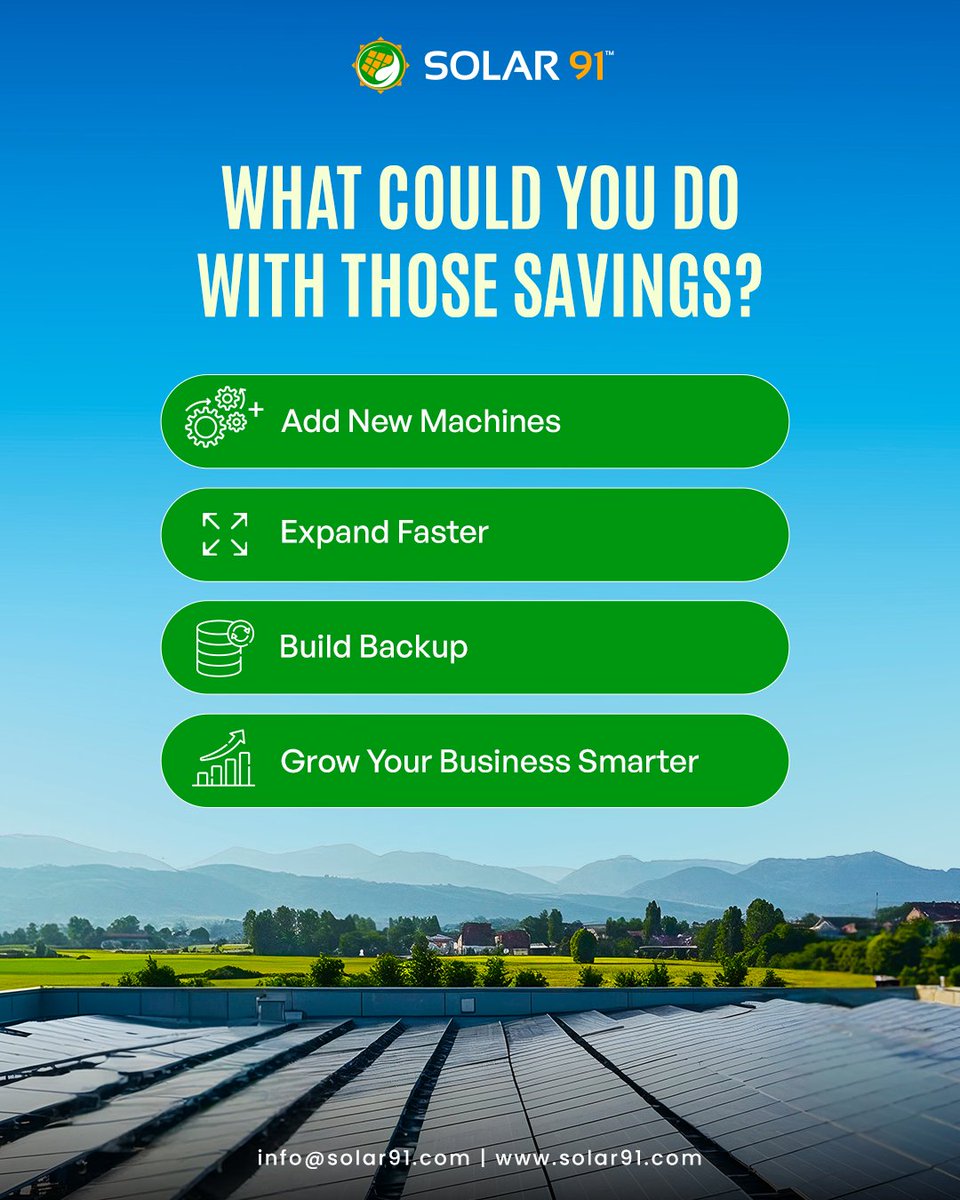 Solar91india's tweet image. Solar energy lets factory owners cut power costs by 60–70% without sacrificing uptime. Diesel and grid bills are rising, but solar locks your rate and fuels your business for decades.

Enquire today: +91 88901 22722 | +91 72208 10810

#Indianindustry #solarsavings #solar91