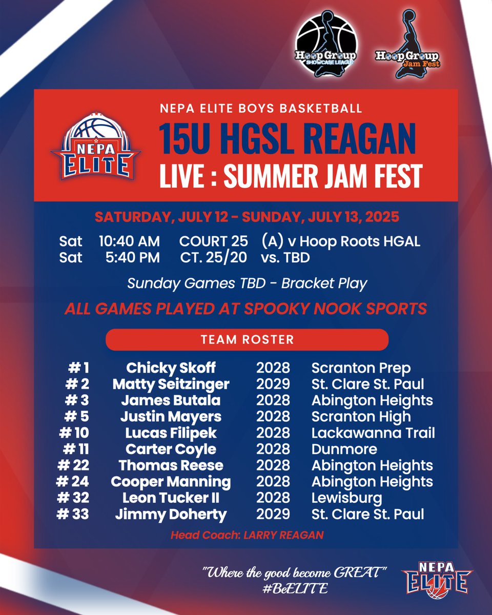 15U HGSL Reagan | Hoop Group Summer Jam Fest
📆 July 12-13
📍 Spooky Nook Sports

LIVE PERIOD Schedule ⬇️

👥 : <a href="/jimmy_doherty4/">Jimmy Doherty</a> <a href="/Chickyskoff28/">Matthew “Chicky” Skoff</a> <a href="/SeitzingerMatty/">Matty Seitzinger</a> <a href="/justinmayers02/">Justin Mayers Jr</a> <a href="/CooperManning28/">CooperManning</a> <a href="/ThomasReese2028/">Thomas Reese</a> <a href="/Ljtuck26/">Leon Tucker II</a> <a href="/Cartercoyle11/">Carter</a>
 
📲 Coach <a href="/lreagan/">Larry Reagan</a> 

#BeELITE