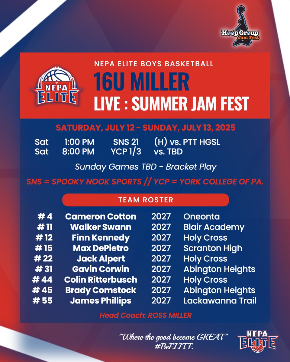 16U Miller | Hoop Group Summer Jam Fest
📆 July 12-13
📍 Spooky Nook Sports &amp; York College of PA

LIVE PERIOD Schedule ⬇️

👥 : <a href="/JckAlpert/">Jack Alpert</a> <a href="/finnkennedy24/">finn kennedy</a>
 
📲 HC <a href="/CoachRossMiller/">Ross Miller</a> 

#BeELITE